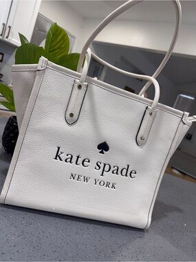kate spade White Leather Logo Tote with Black Accents